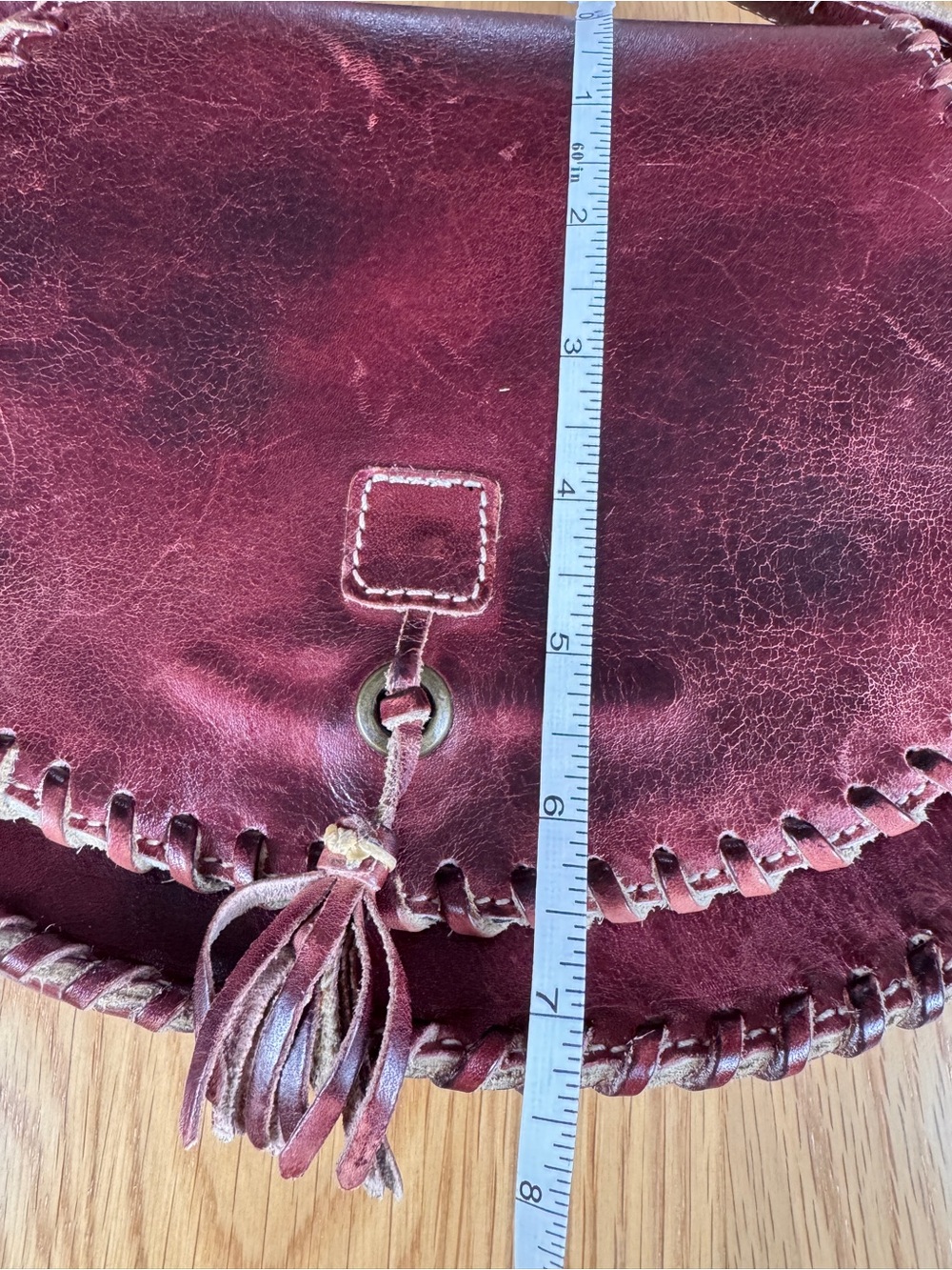BED|STU Burgundy Whipstitch Leather Crossbody with Tassel Halfmoon - Picture 9 of 9